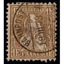 1862 - Schweiz - AFA 41 - Frimærke - Siddende Helvetia - 1 fr. guldgul - Stemplet.